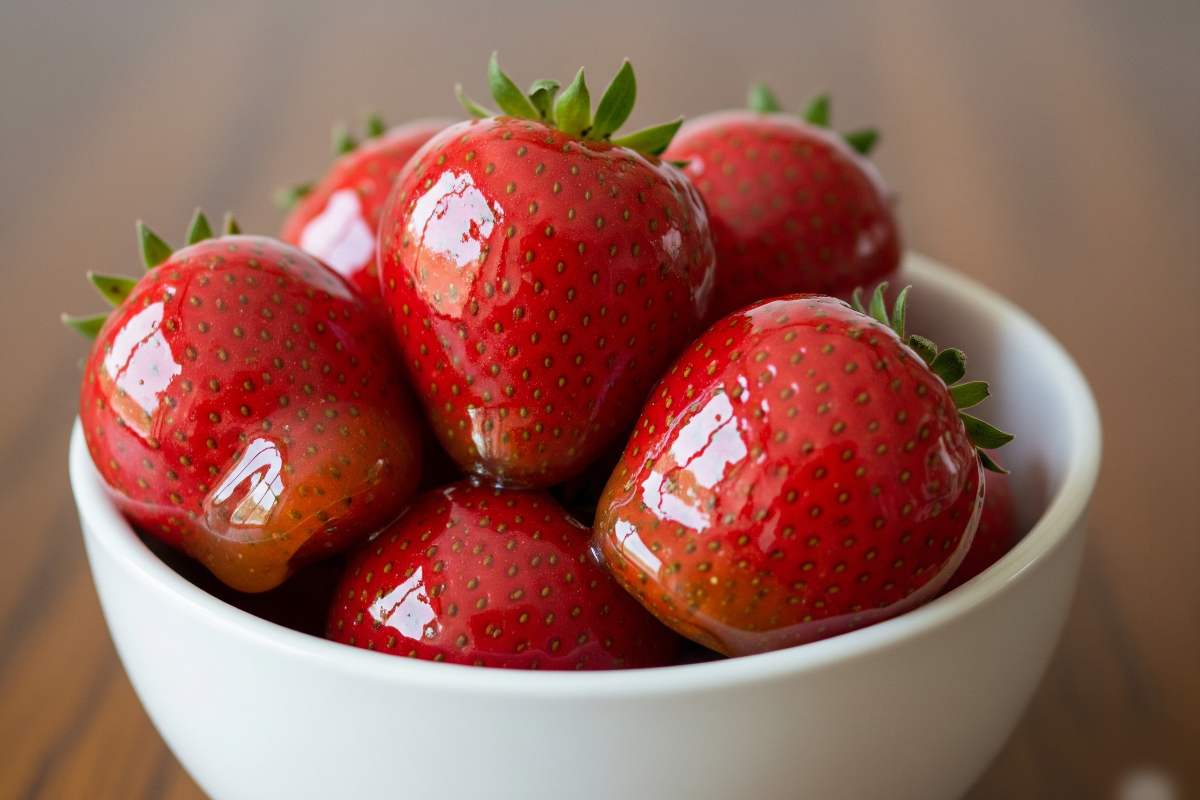 una ciotola con fragole ricoperte di caramello