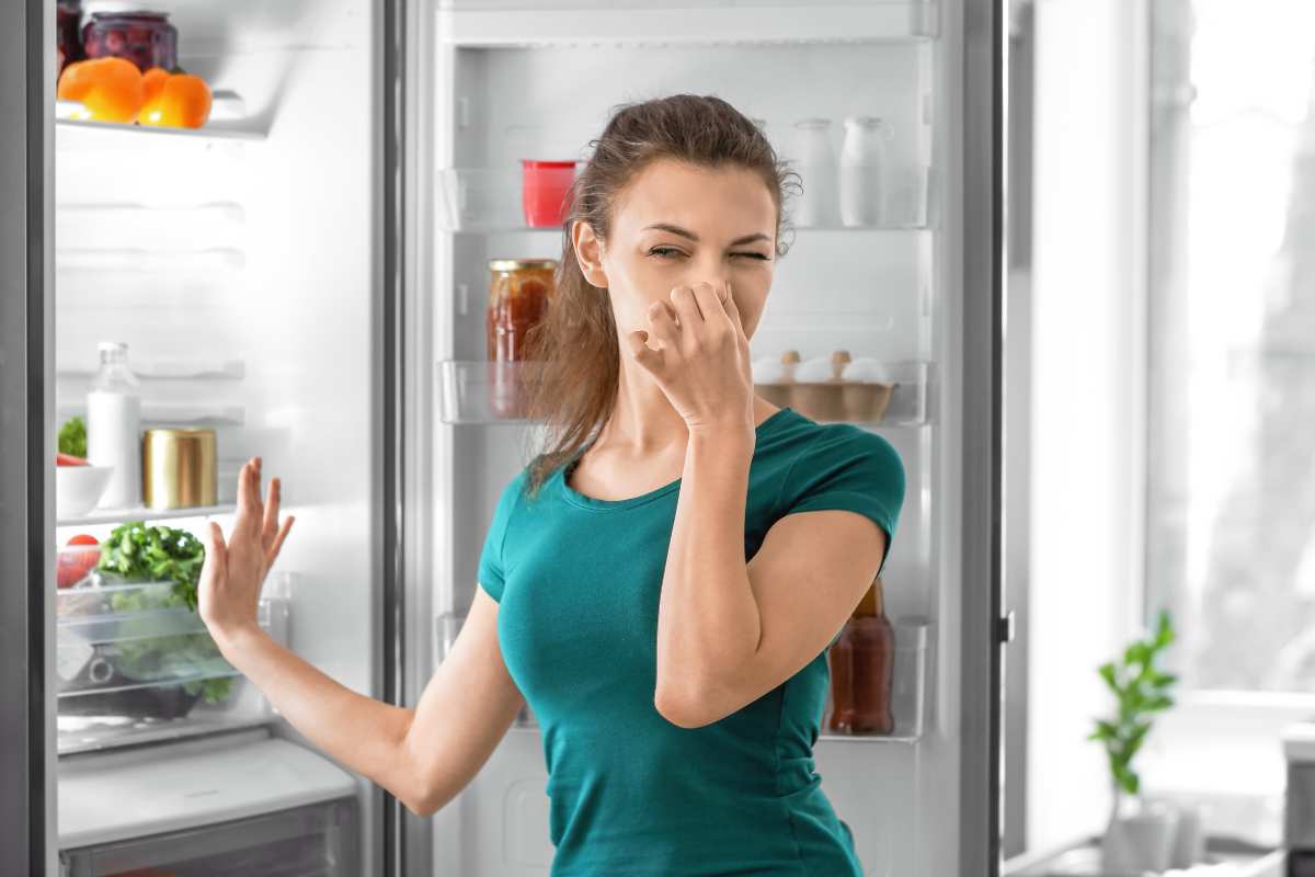 donna che si tappa il naso con il frigo aperto