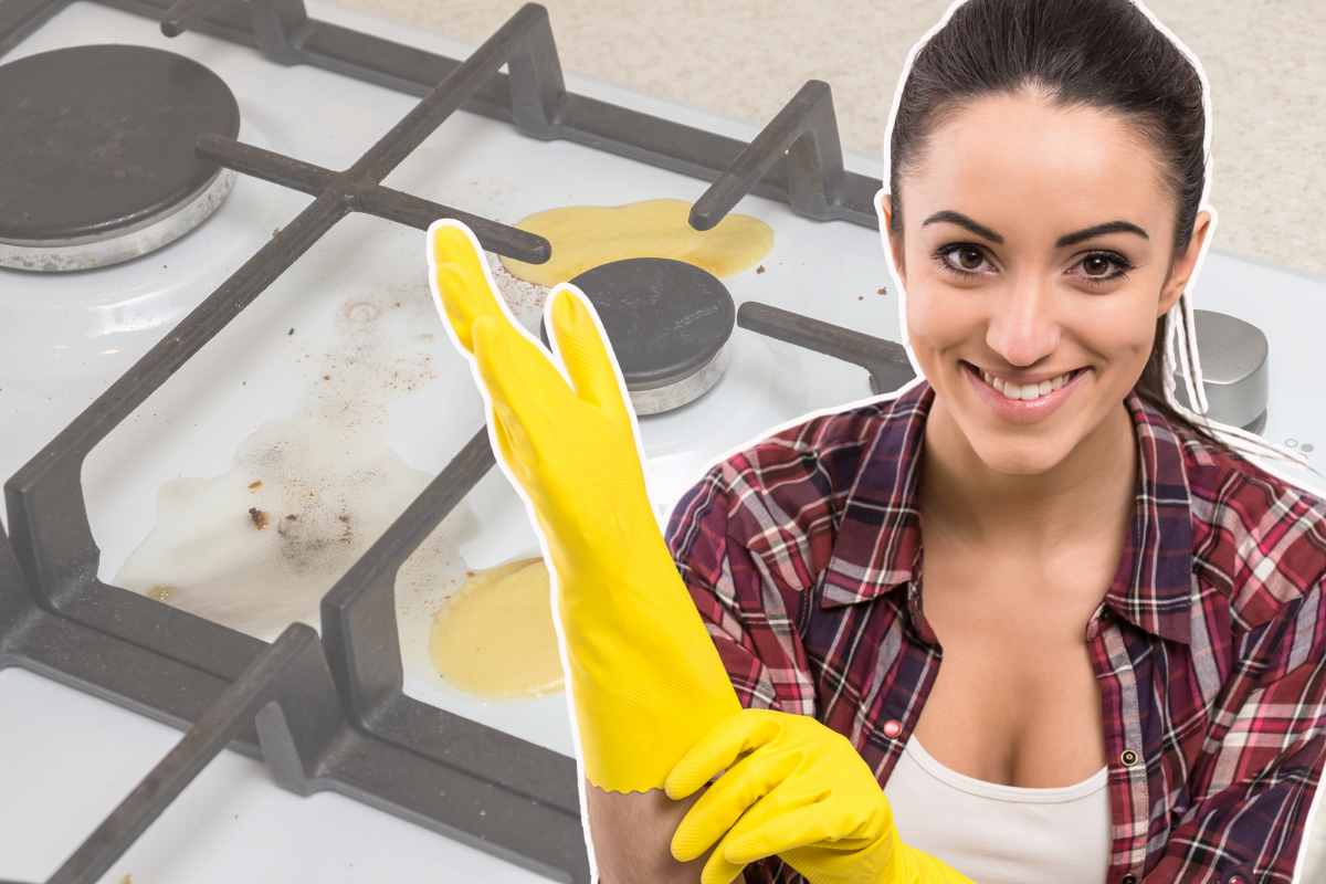 donna con i guanti e fornello della cucina