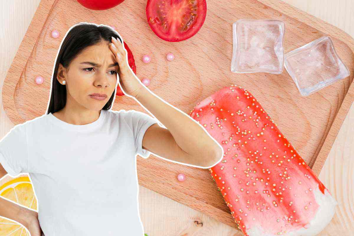 ragazza con mal di testa, ghiacciolo, pomoodri e ghiaccio