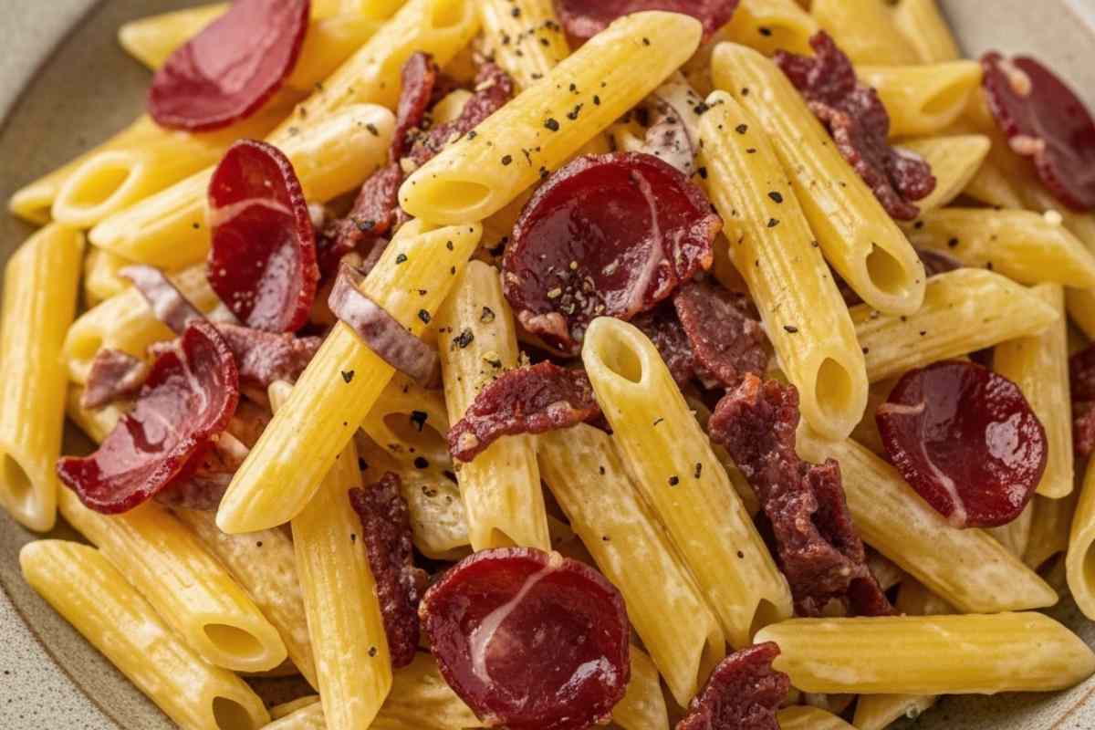 pasta con bresaola e philadelphia in un piatto