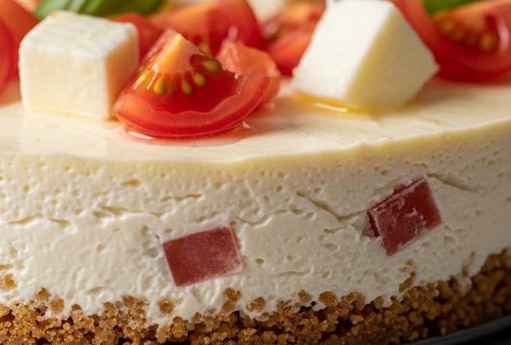 primo piano di caprese versione cheesecake con pomodori