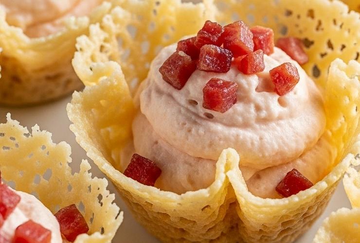 cestino di parmigiano con mousse al salmone e prosciutto