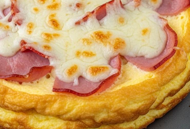 primo piano di frittata con prosciutto e mozzarella