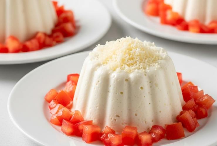 budino gelato salato con pomodori in un piatto