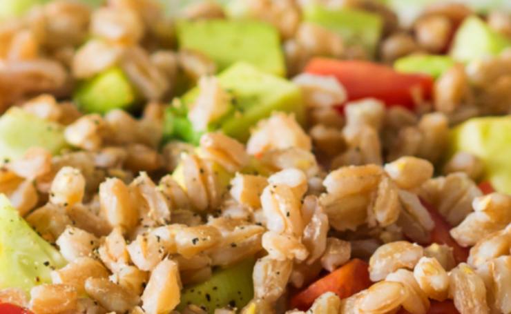 primo piano di farro condito con zucchine e pomodori