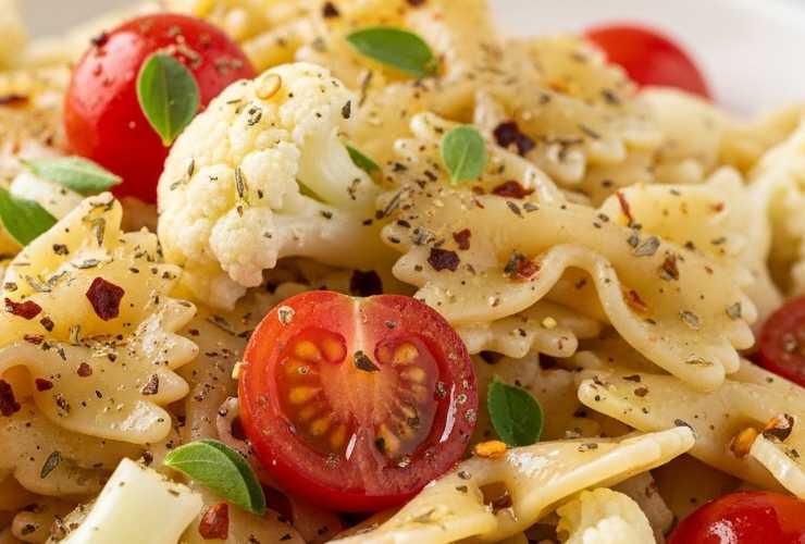 insalata di pasta con cavolfiore e pomodori