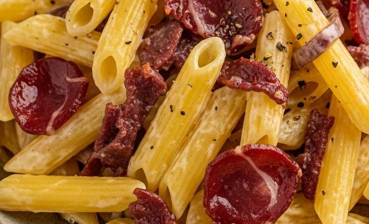 primo piano di pasta condita con bresaola