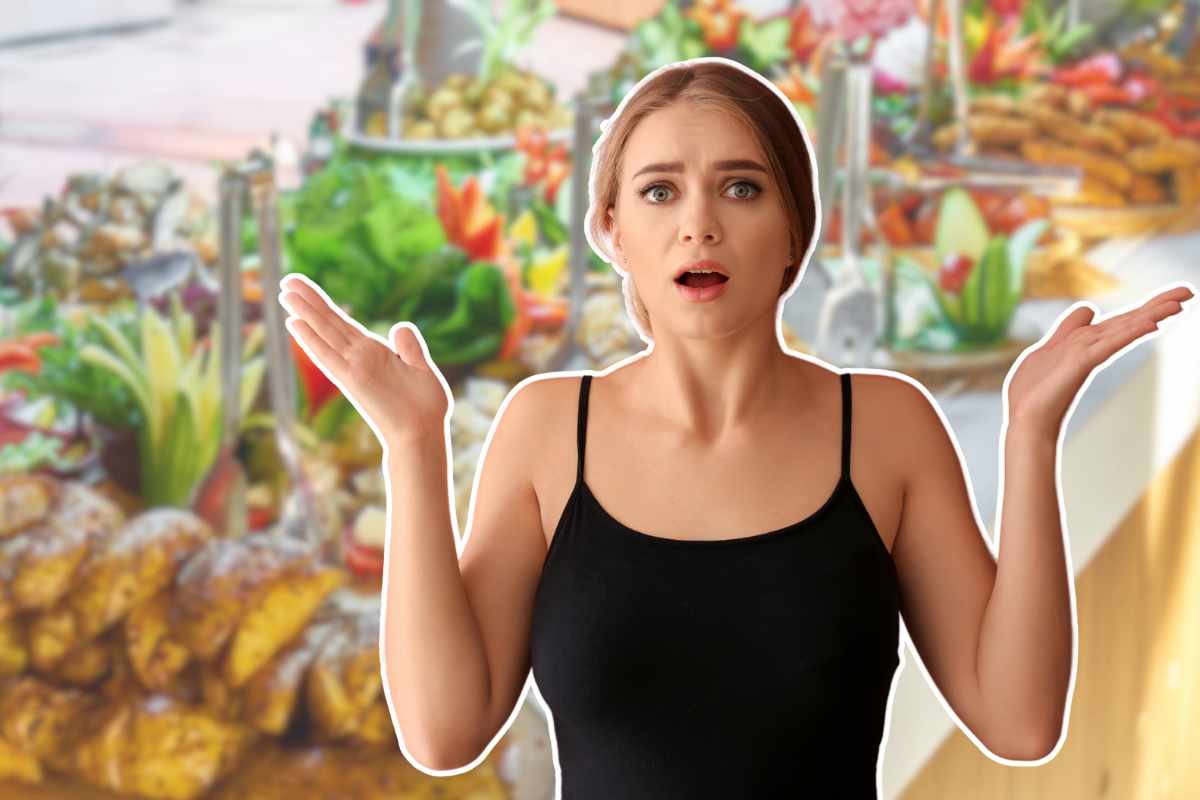 ragazza in primo piano e alimenti sullo sfondo