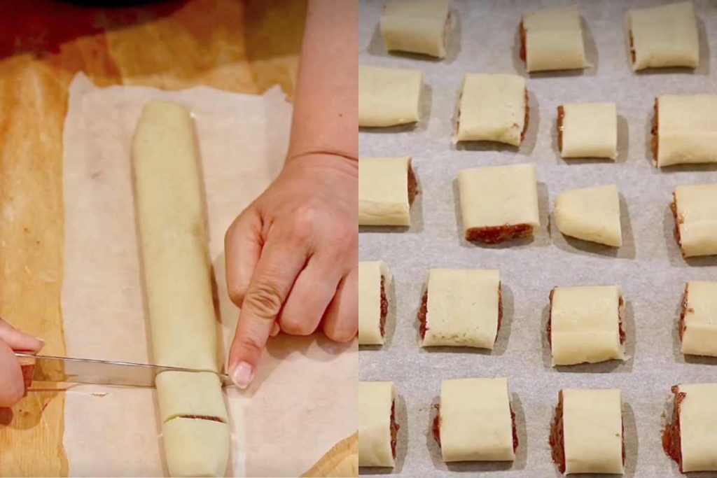 Due fasi della preparazione dei biscotti ripieni di fichi e cioccolato 