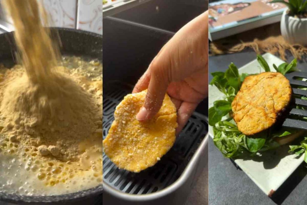 fasi della preparazione della ricetta del panino con la cotoletta senza carne da mangiare in auto