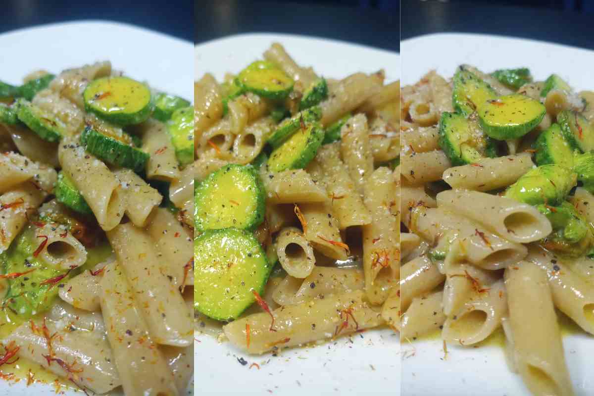 Penne di avena con zucchine romanesche, crema all'uovo e pistilli di zafferano