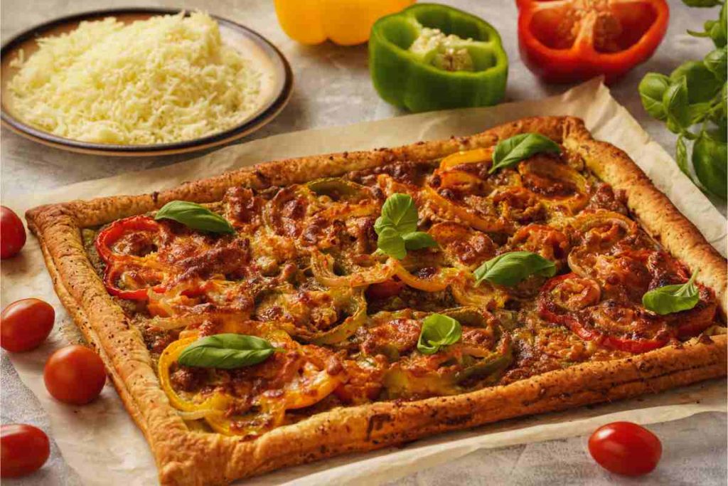 Pizza sfoglia con i peperoni cotta e sfornata su un tavolo