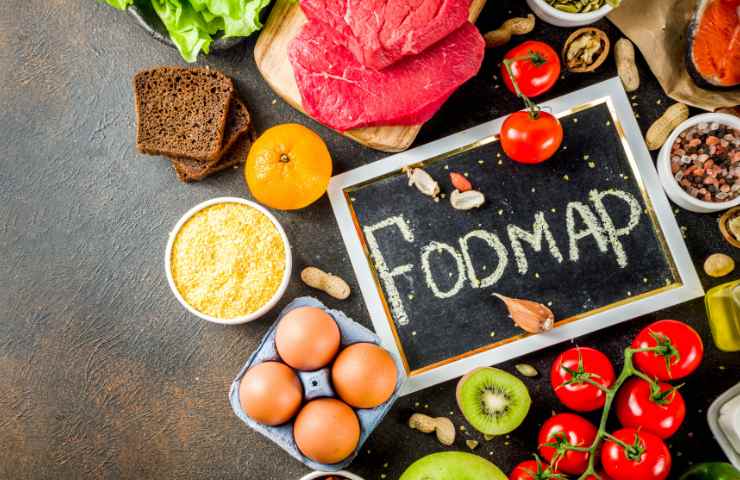 La scritta Fodmap ed alimenti sani su un piano