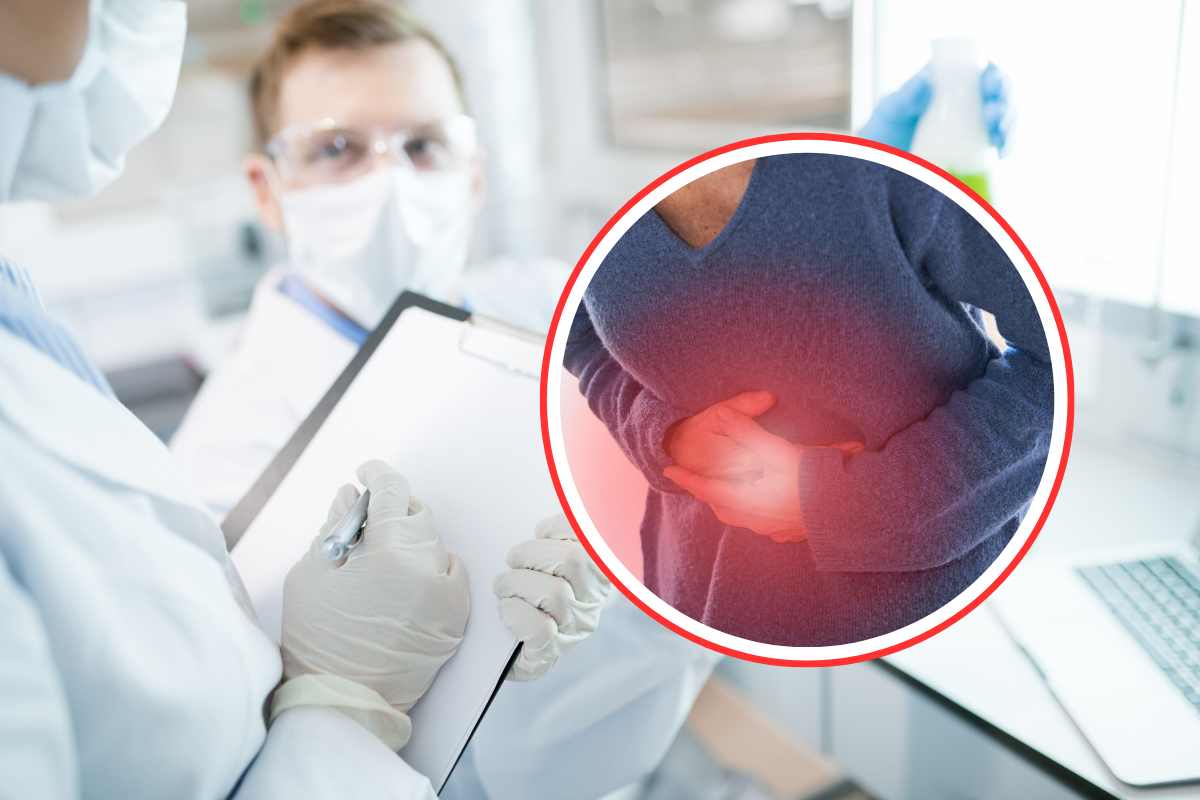 Dei ricercatori in laboratorio ed una persona dolorante in piccolo