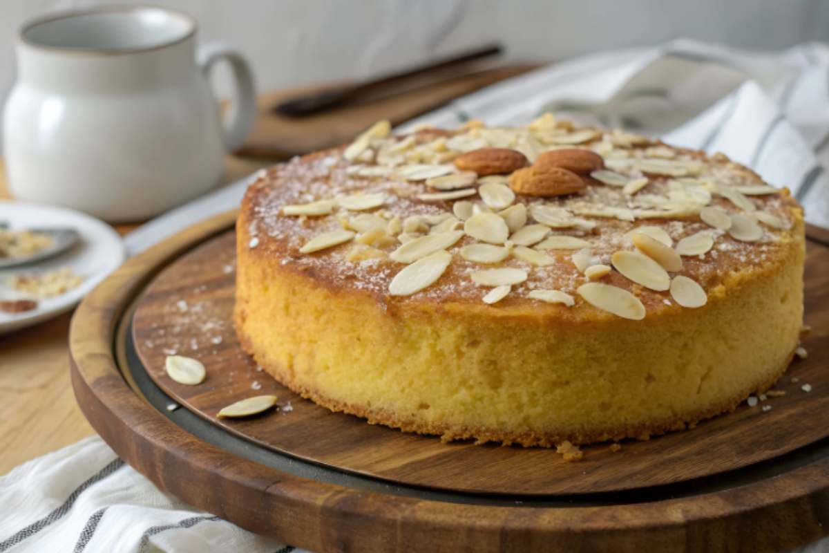 Torta alle mandorle su un tagliere di legno