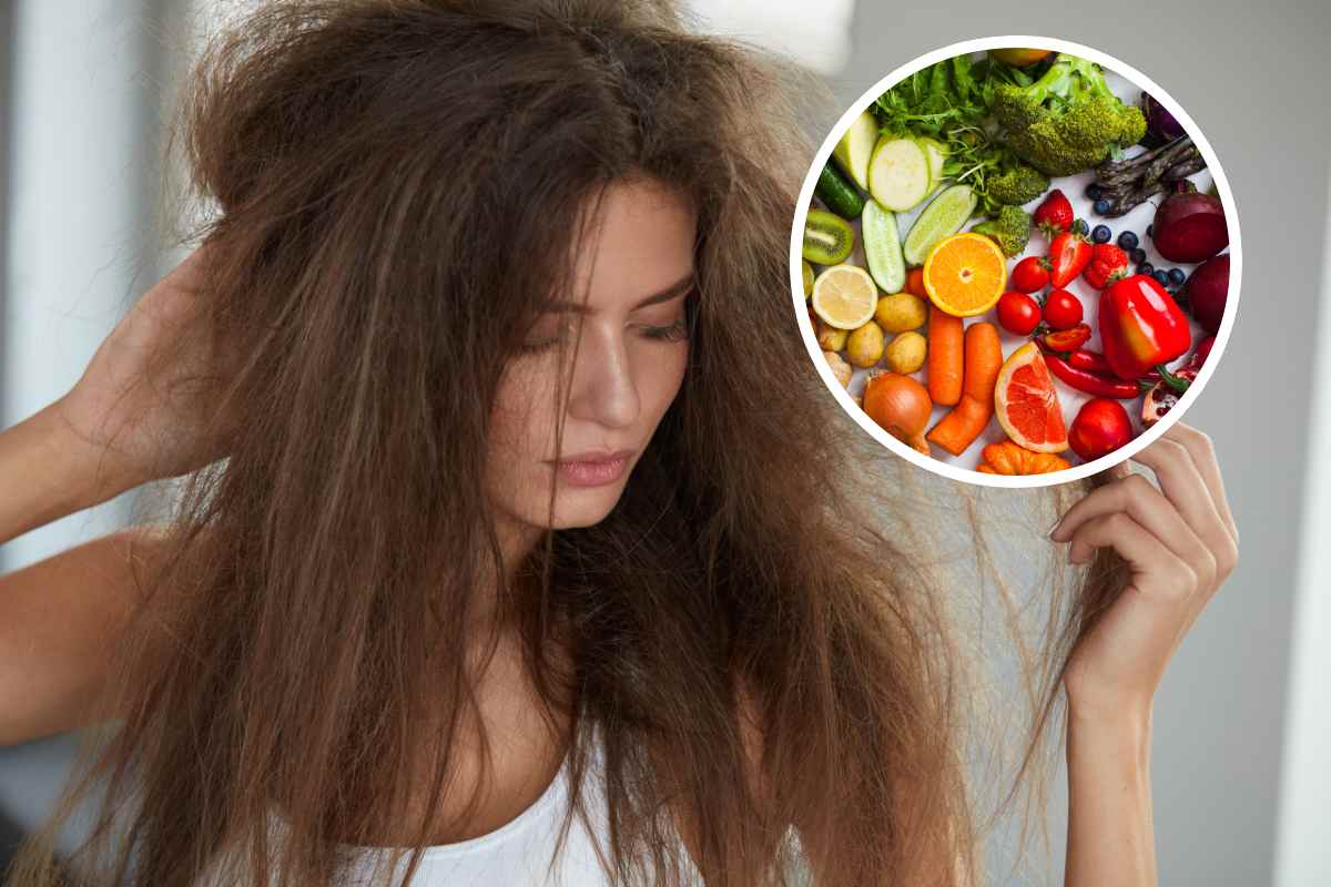 donna con capelli rovinati e frutta e verdura