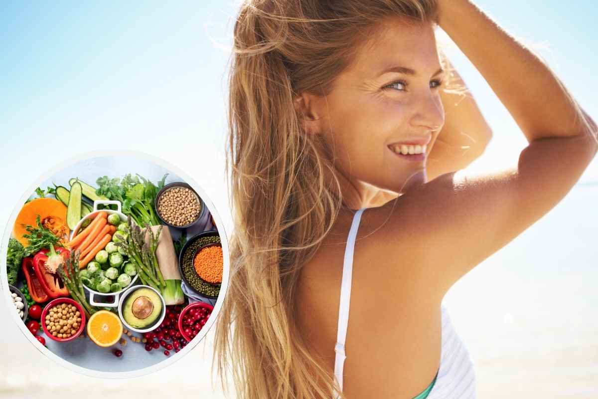 ragazza al mare e alimenti in un riquadro