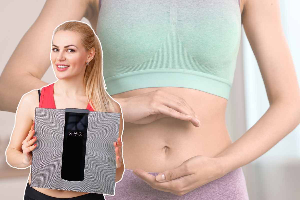 ragazza in primo piano con la bilancia in mano e corpo dopo sullo sfondo
