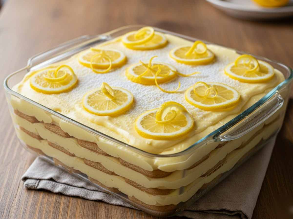 dolce in una pirofila con crema al limone e biscotti