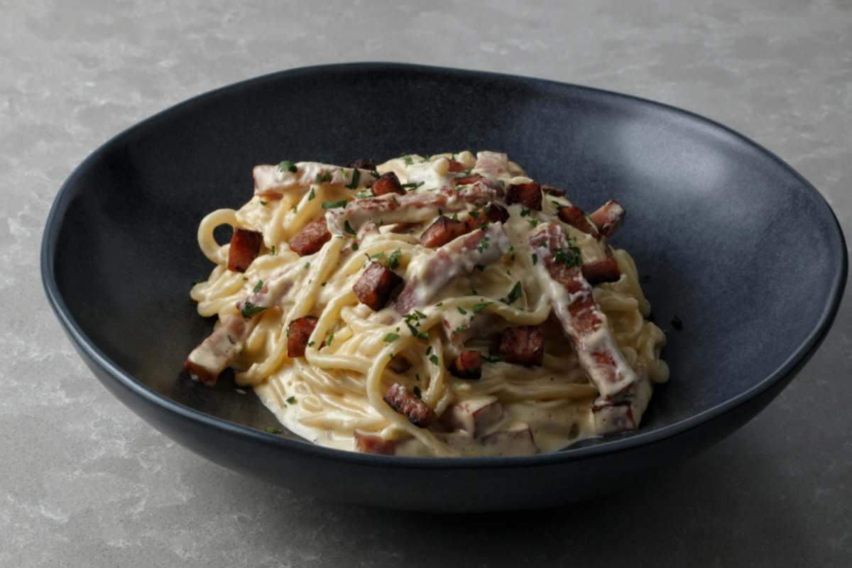 pasta con panna cremosa in un piatto nero
