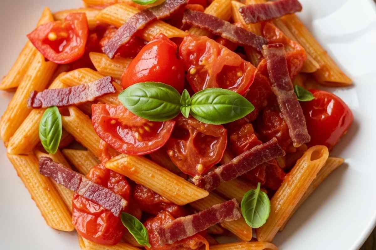 penne condite con pomodori e speck