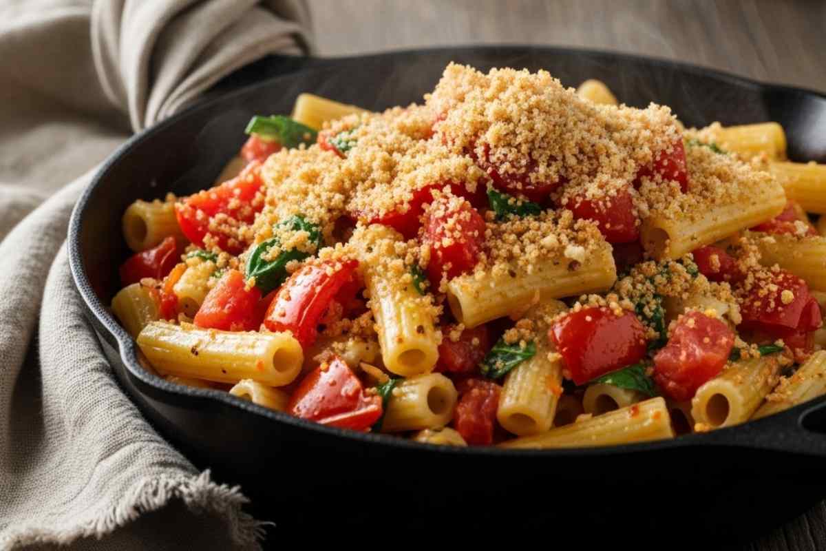 padella con pasta al pomodoro e pangrattato spolverato