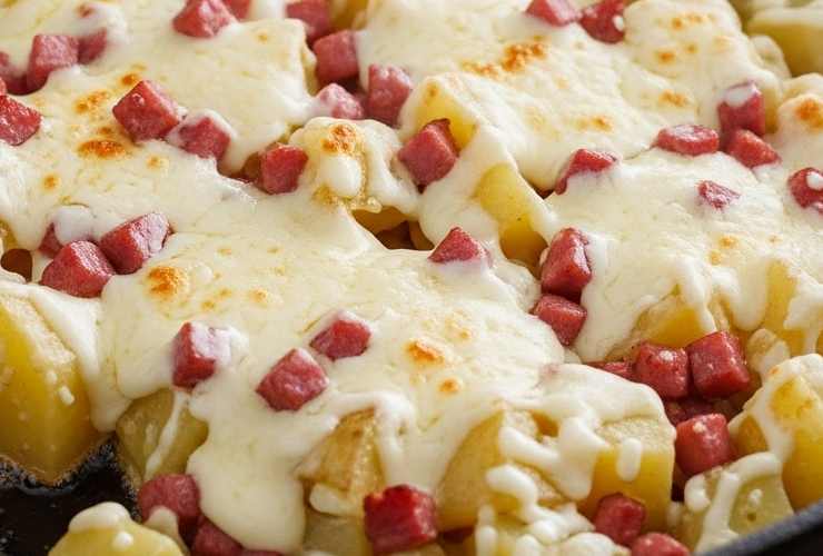 primo piano di fonduta che ricopre patate e prosciutto