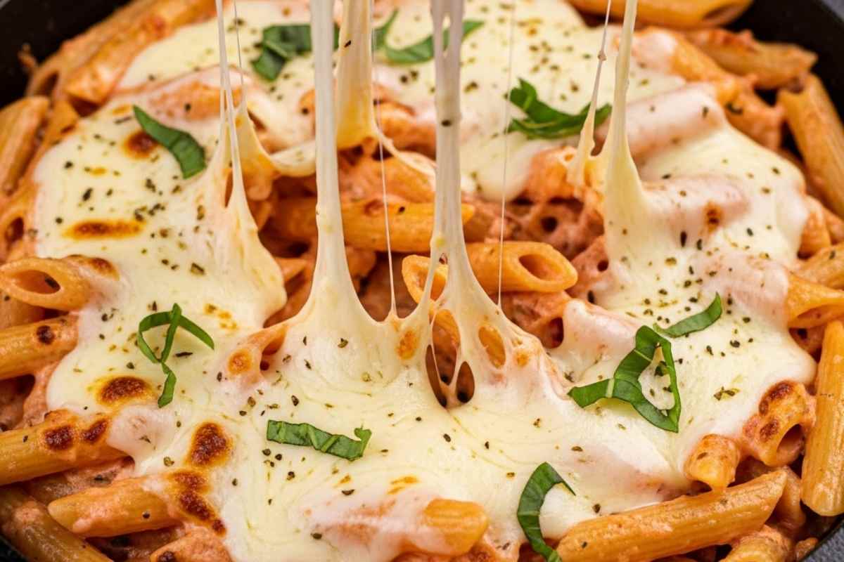 penne al baffo in padella con mozzarella filante
