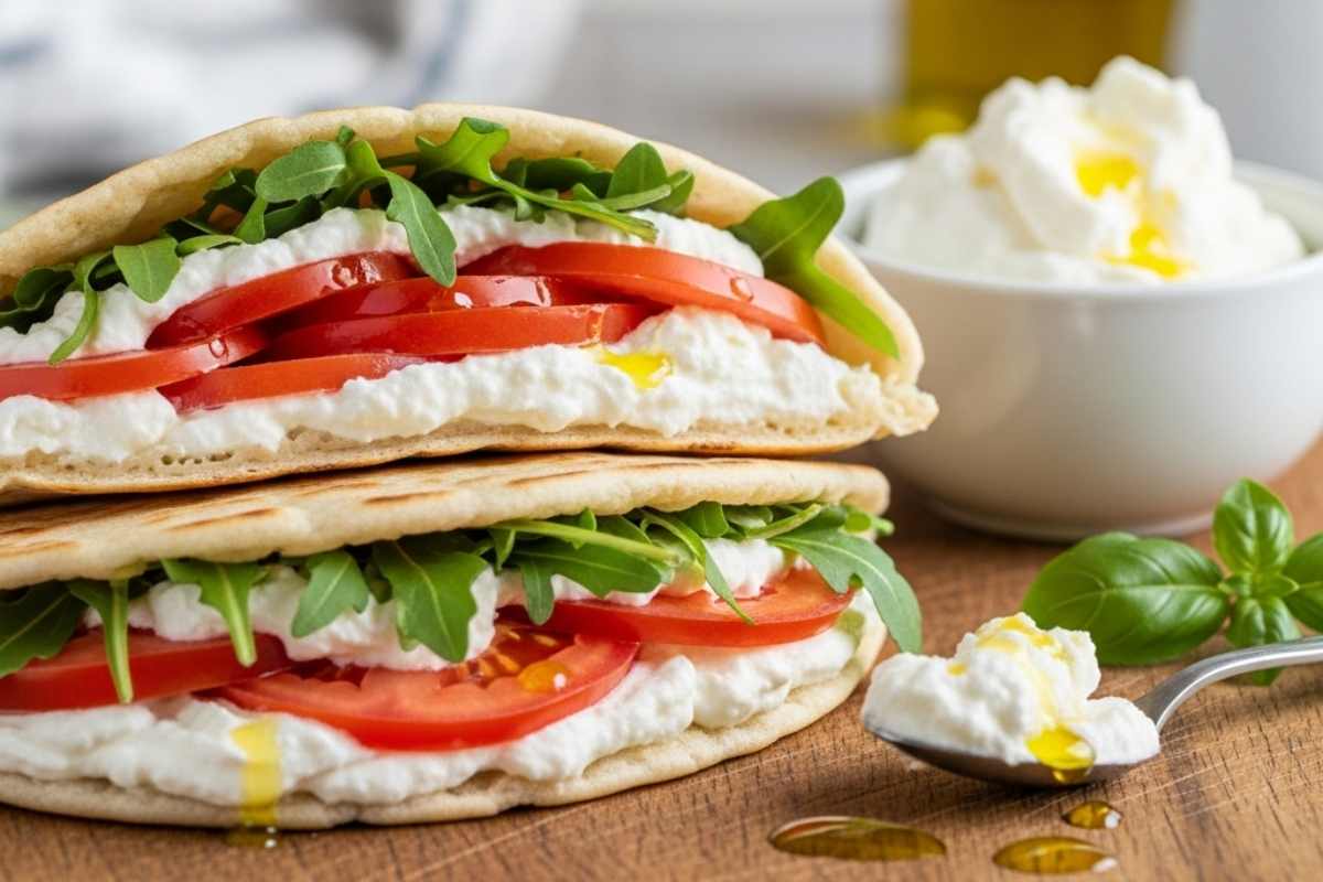 due piadine ripiene di formaggio cremoso e pomodori