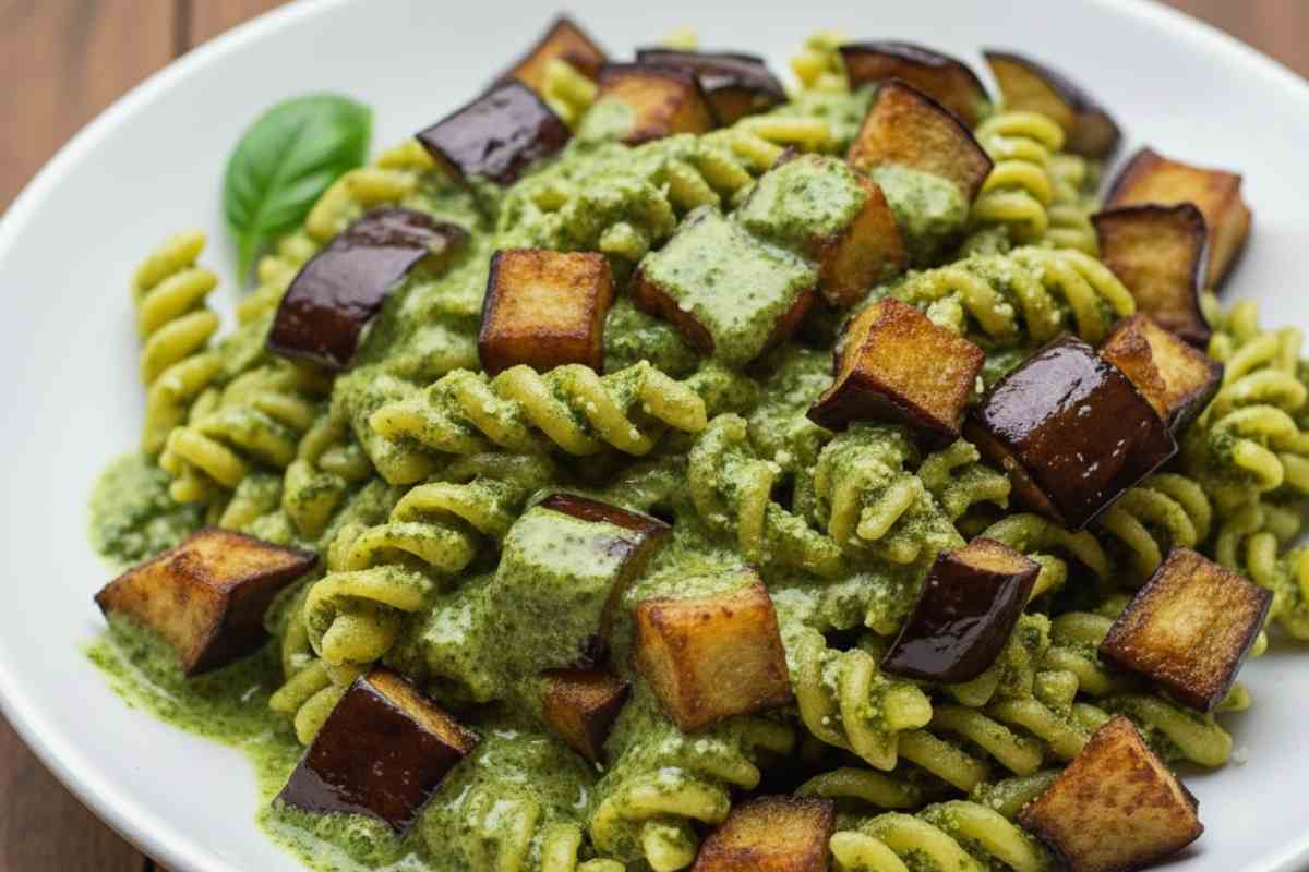 pasta formato riccioli con crema di pesto e melanzane