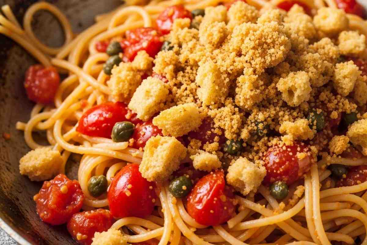 spaghetti con pomodori capperi e pane tostato in padella