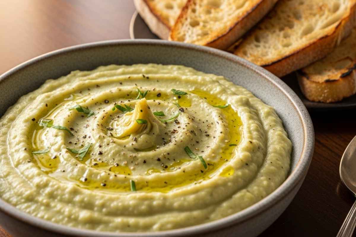 purè di carciofi e patate in un piatto con fette di pane tostato