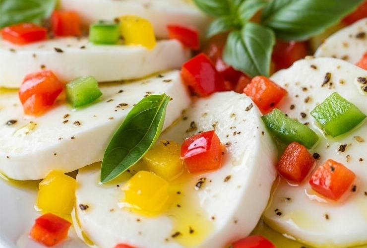 mozzarella marinata in primo piano con peperoni