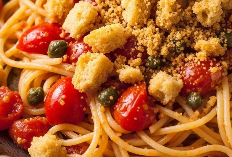 pasta con pomodori e capperi arricchita da pane tostato