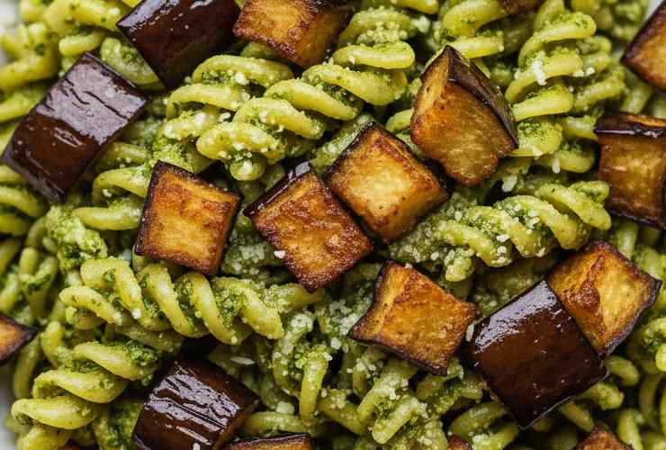 pasta con pesto e melanzane dorate