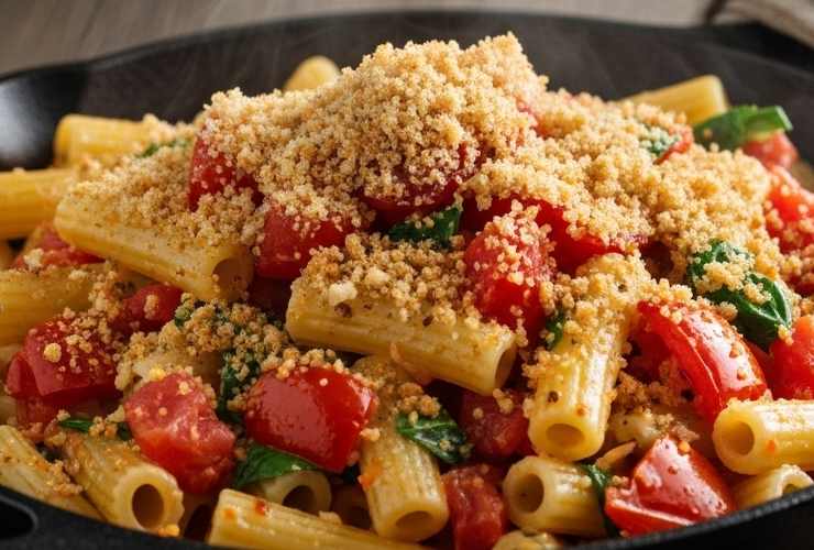 pasta con pomodori basilico e pangrattato tostato