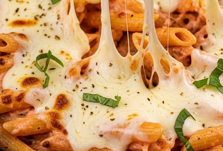primo piano di penne al baffo con mozzarella