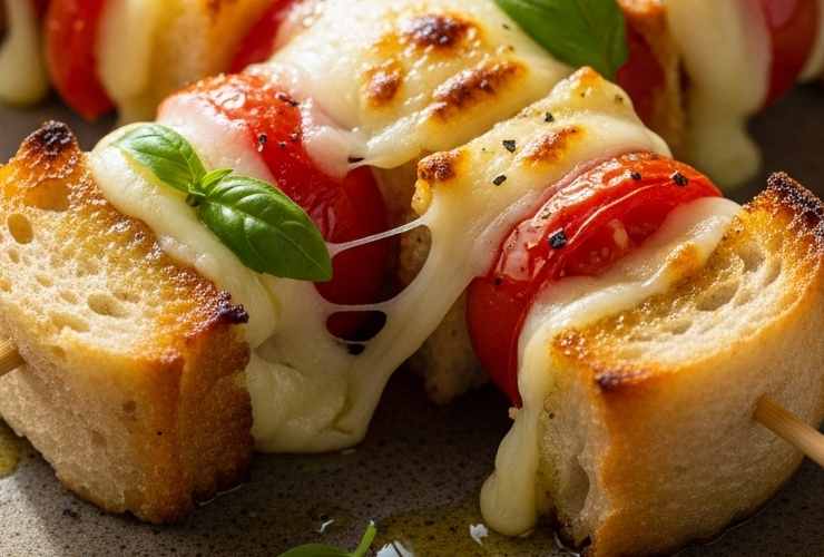 spiedini di pane con pomodori e formaggio fuso