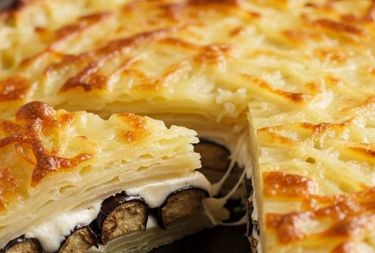 torta salata con fetta tagliata e ripieno di melanzane e scamorza