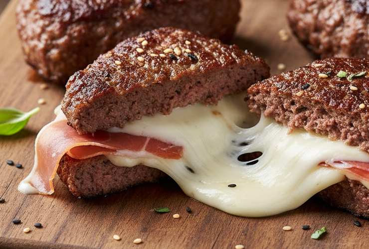 tramezzini di carne cotti in padella con formaggio filante e prosciutto