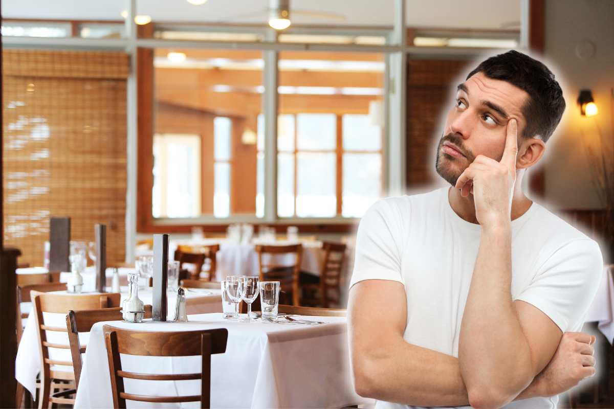 sala ristorante e uomo pensieroso