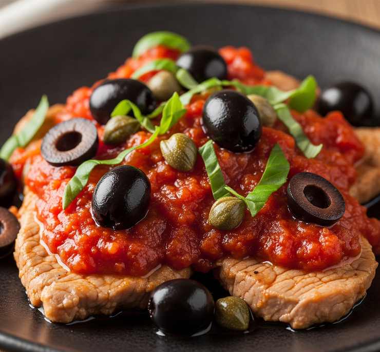 carne alla pizzaiola con olive, capperi e basilico