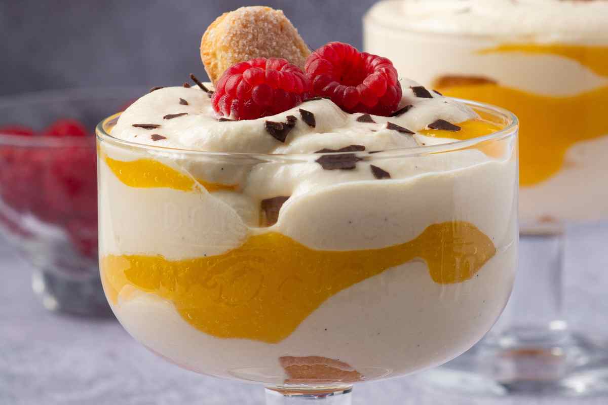 una coppa dessert al cucchiaio con yogurt, lamponi, crema e savoiardi