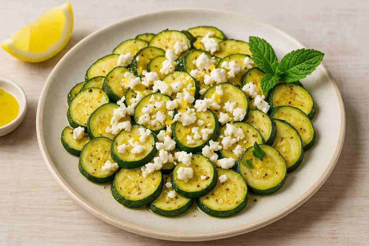 Zucchine con feta e scorza di limone grattugiata in un piatto