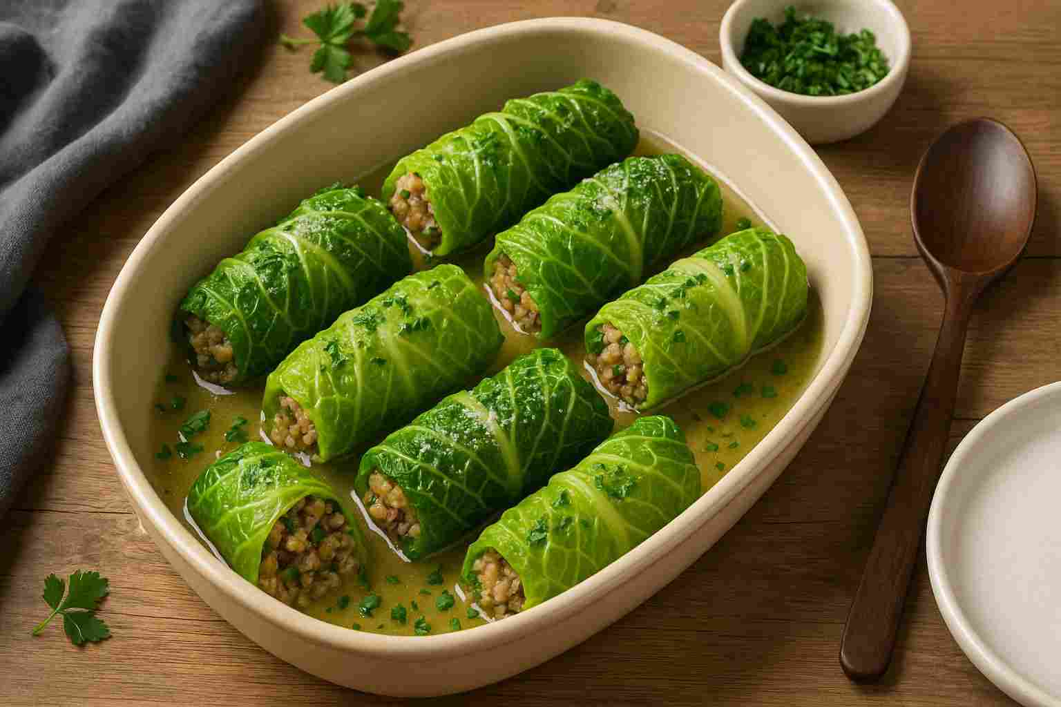 Gli involtini di verza con quinoa e funghi serviti in una pirofila