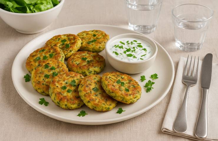 Delle polpette di zucchine al forno con yogurt alle erbe in un piatto