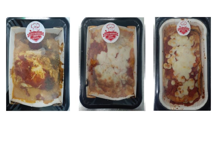 Tre confezioni della parmigiana di melanzane richiamata