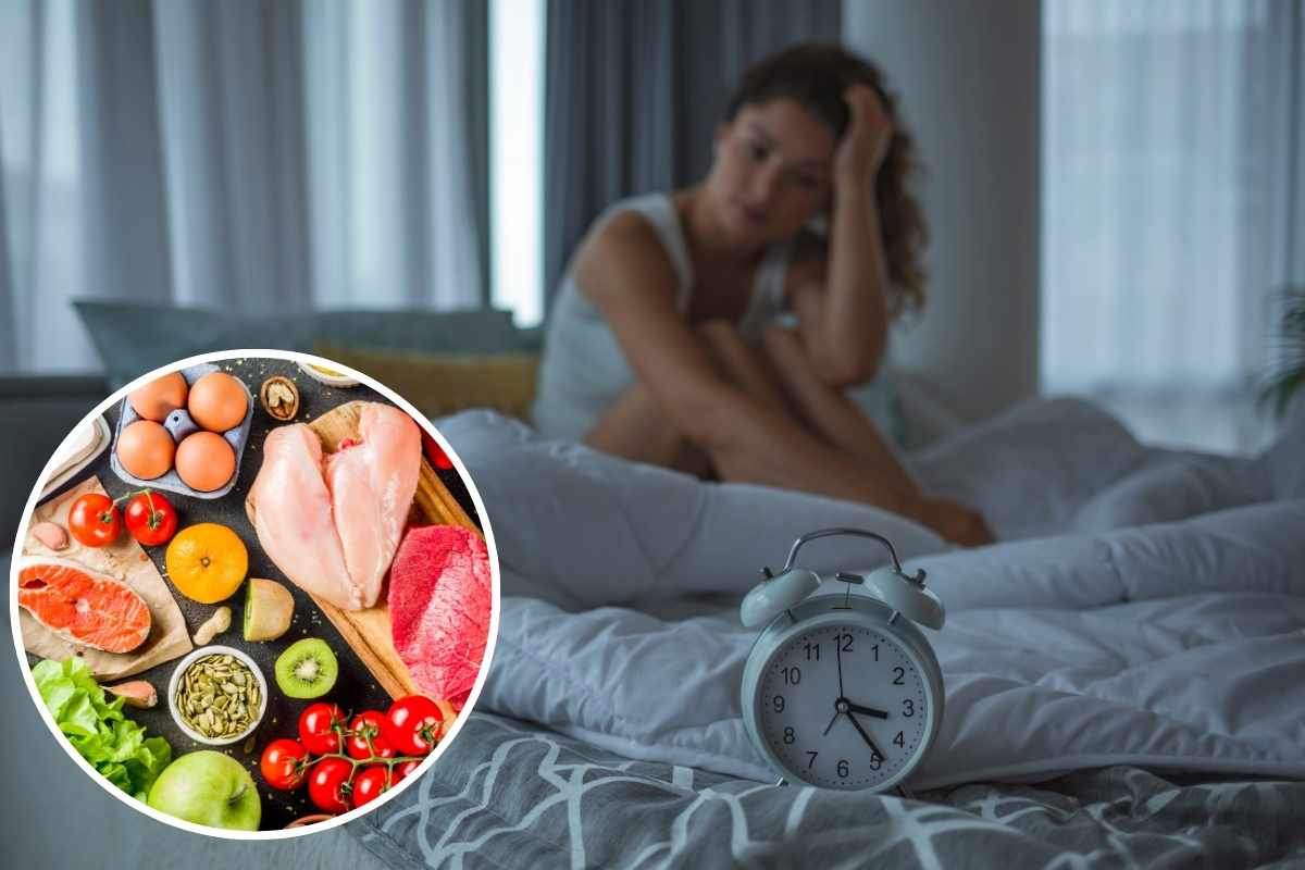 donna seduta sul letto e alimenti in un riquadro