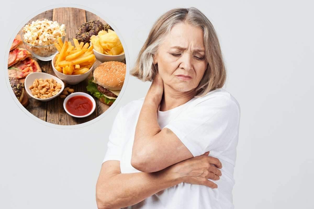 donna con dolore al collo e alimenti vari nel riquadro